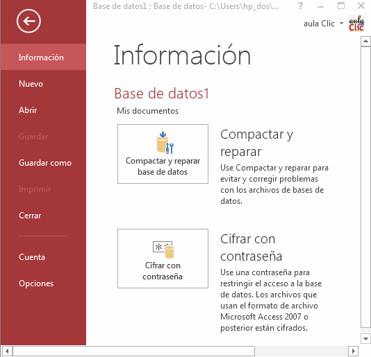 Opción Archivo > Información > Compactar y reparar base de datos