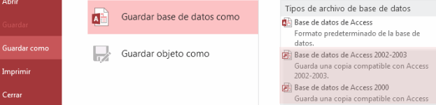 Opción Base de datos Access 2002-2003 y 2000