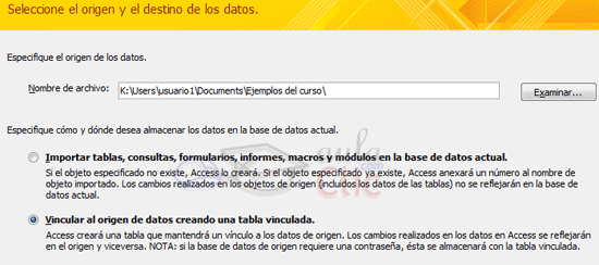 Ventana Obtener datos externos: Opción vincular activa