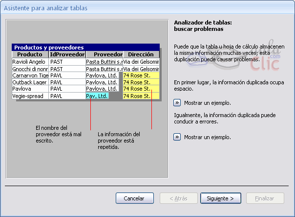 Asistente para analizar tablas > Mostrar ejemplo