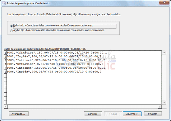 Asistente para importación de texto - Elegir si es ancho fijo o está delimitado
