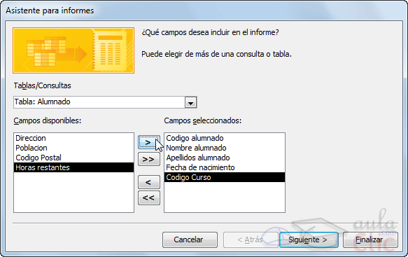 Ventana Asistente para informes, seleccionando tabla y campos