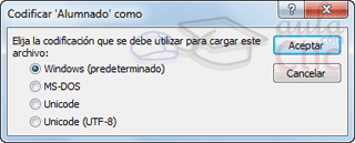 Cuadro de diálogo Codificar Tabla como: Windows (predeterminado), MS-DOS, Unicode, Unicode (UTF-8)