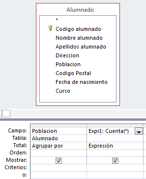 Población con total "Agrupar por" y campo con Expr1:Cuenta(*), cuyo total es Cuenta