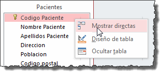 Mostrar directas - contextual de tabla Pacientes