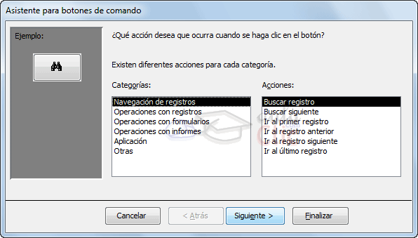 Ventana Asistente para botones de comando, permite elegir acciones de entre las disponibles en cada categoría