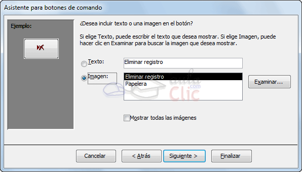 Ejemplo del asistente para botones de comando, eligiendo Eliminar registro