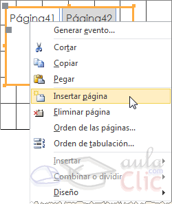 Menú contextual del control pestaña > Insertar página