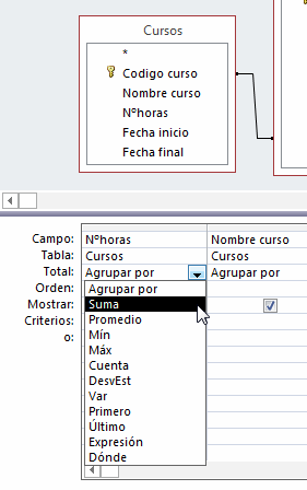 El Total del campo permite Agrupar por: Suma, promedio, min, max, cuenta, desvest, var, primero, último, expresión y  dónde