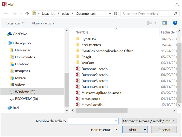 Abrir archivo base de datos