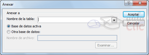 Ventana Anexar para indicar el nombre de la tabla