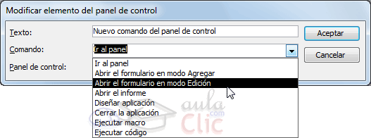 Ventana Modificar elemento del panel de control - Nuevo control para abrir formulario en modo edición