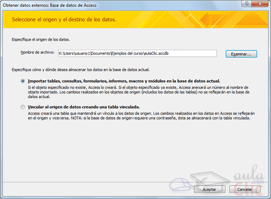 Ventana Obtener datos externos: Base de datos de Access