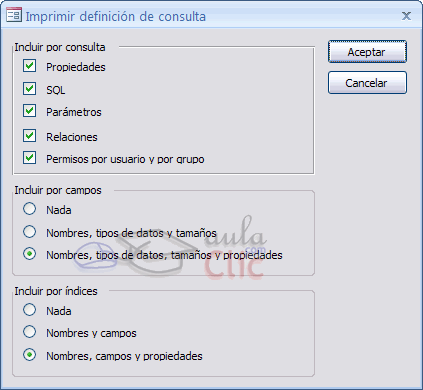 Ventana Imprimir definición de consulta