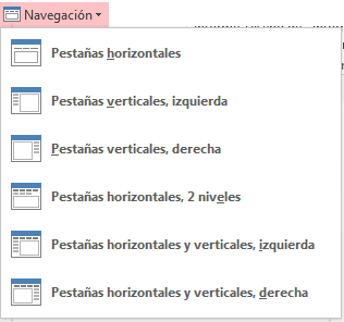 Botón Navegación - Grupo formularios. Opciones: Pestañas horizontales, verticales, etc