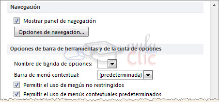 Navegación y Opciones de barras de herramientas y de cintas de opciones disponibles