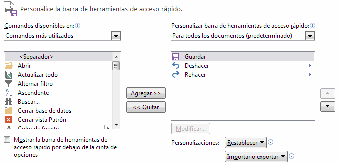 Personalizar Barra de Acceso R&aacute;pido