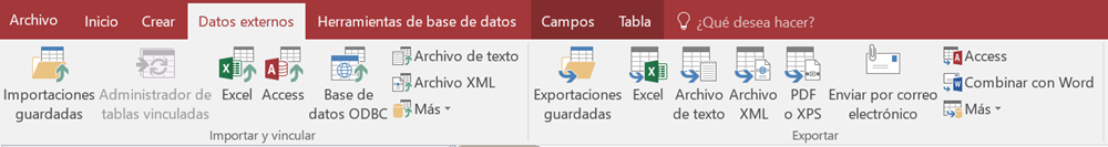 Pestaña Datos externos > grupo Importar y vincular > Opciones: Importaciones guardadas, Excel, Access, Bases de datos de ODBC, Archivo de texto, Archivo XML, Más y Administrador de tablas vinculadas (inactivo)