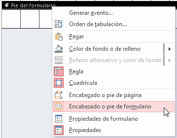 Menú contextual de formulario > Encabezado o pie de formulario