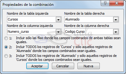 Propiedades de la combinación de dos tablas - Opción 2: Incluir todos los registros de la tabla1 y solo aquellos registros de la tabla2 donde los campos combinados sean iguales