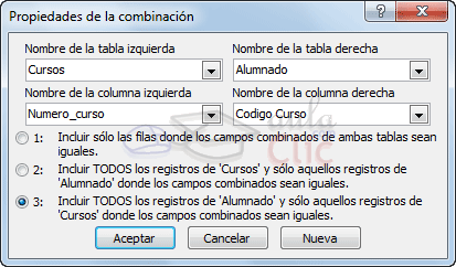 Propiedades de la combinación de dos tablas - Opción 3: Incluir todos los registros de la tabla2 y solo aquellos registros de la tabla1 donde los campos combinados sean iguales