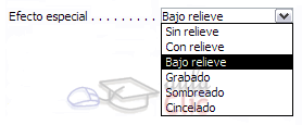 Propiedad Efecto especial > Bajo relieve, Sin relieve, Con relieve, Grabado, Sombreado y Cincelado