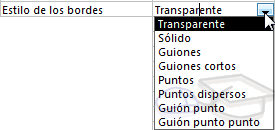 Propiedad Estilo de los bordes - Transparente, sólido, guiones, guiones cortos, puntos, puntos dispersos, guión punto, guión punto punto