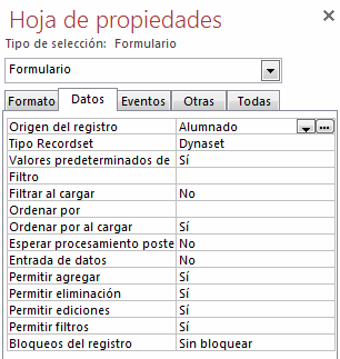 Propiedades de formulario - Pestaña Datos