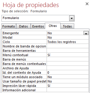 Propiedades de formulario - Pestaña Otras