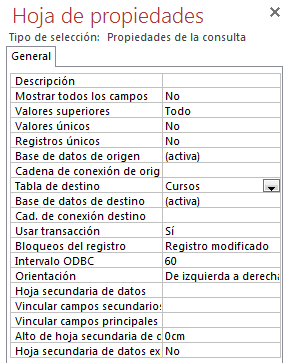 Propiedades Tabla de destino y Base de datos de destino