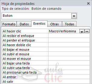 Hoja de propiedades - Eventos