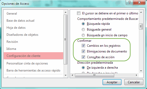 Ventana Opciones de Access > Configuración de cliente > Edición