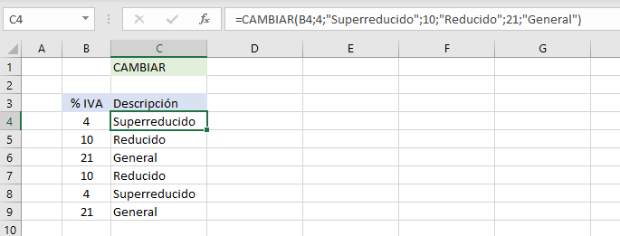 Funcin Cambiar en Excel