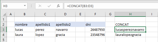 Funcin concat en Excel