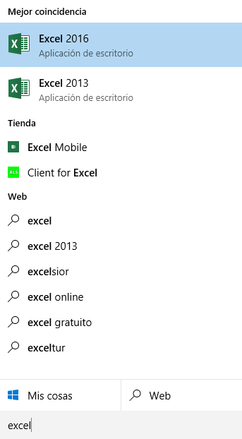 Excel 2016 como resultado de Cortana