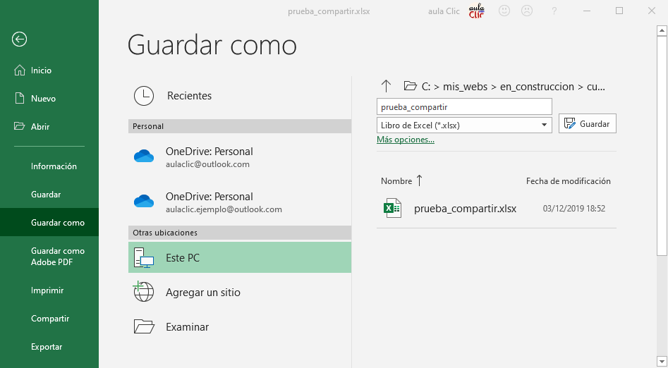 Guardar como en Excel 2019