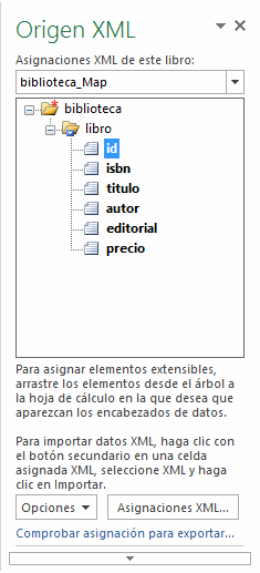 Panel de origen XML