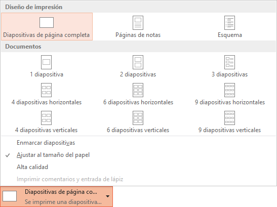 Menú de configuración de impresión