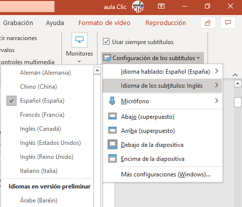 Idioma de  los subttulos del orador en PowerPoint