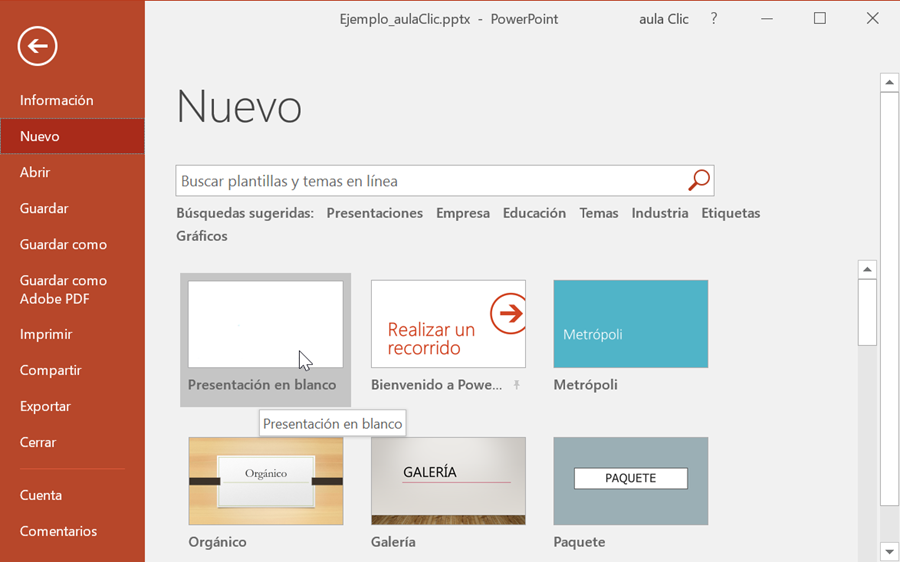 Archivo > Nuevo > Presentación en blanco > Crear