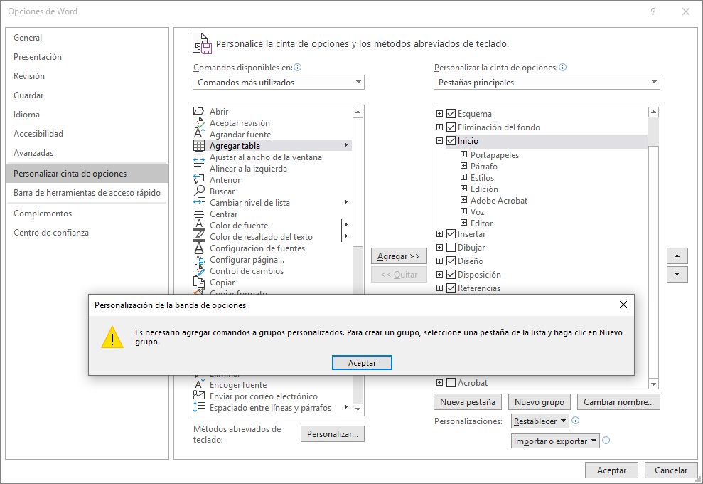 Personalizar cinta de opciones en Word