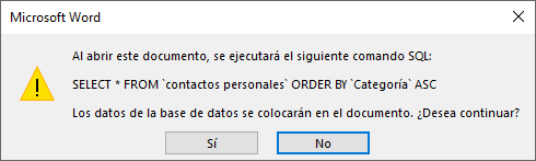 Aviso ejecución de SQL