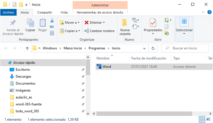 carpeta arrancar Word