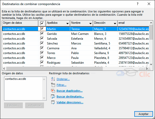 Destinatarios de combinar correspondencia