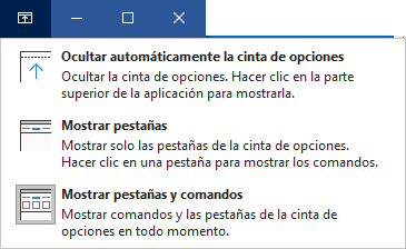 Desplegable de Opciones de presentación de la cinta de Office