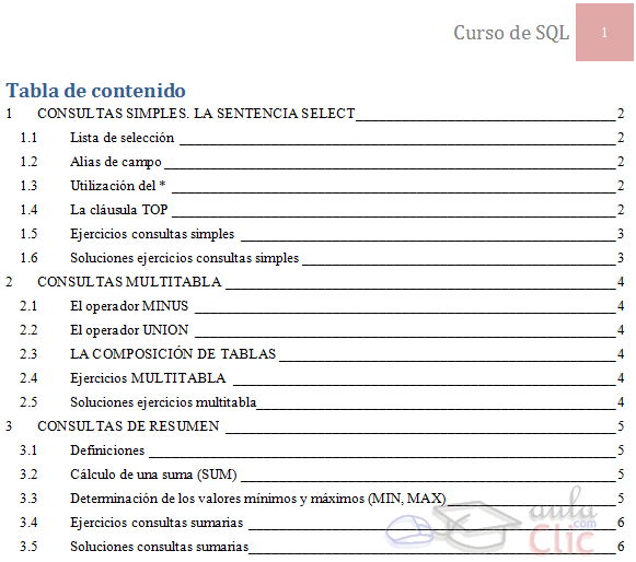 Tabla de contenido de Curso bases de datos