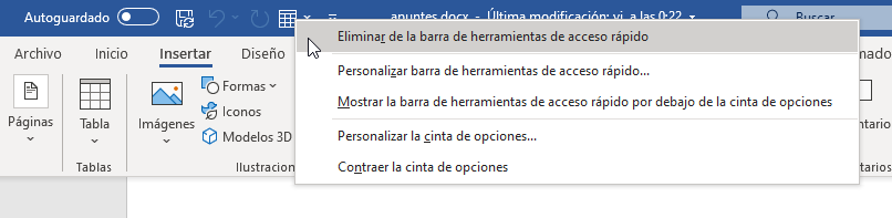 Elimnar de la barra de herramientas de acceso rápido