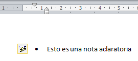 Nota aclaratoria con la viñeta modificada por Word