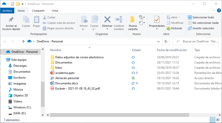 oneDrive en el explorador de archivos