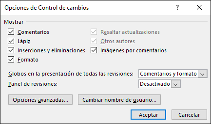 opciones control de cambios